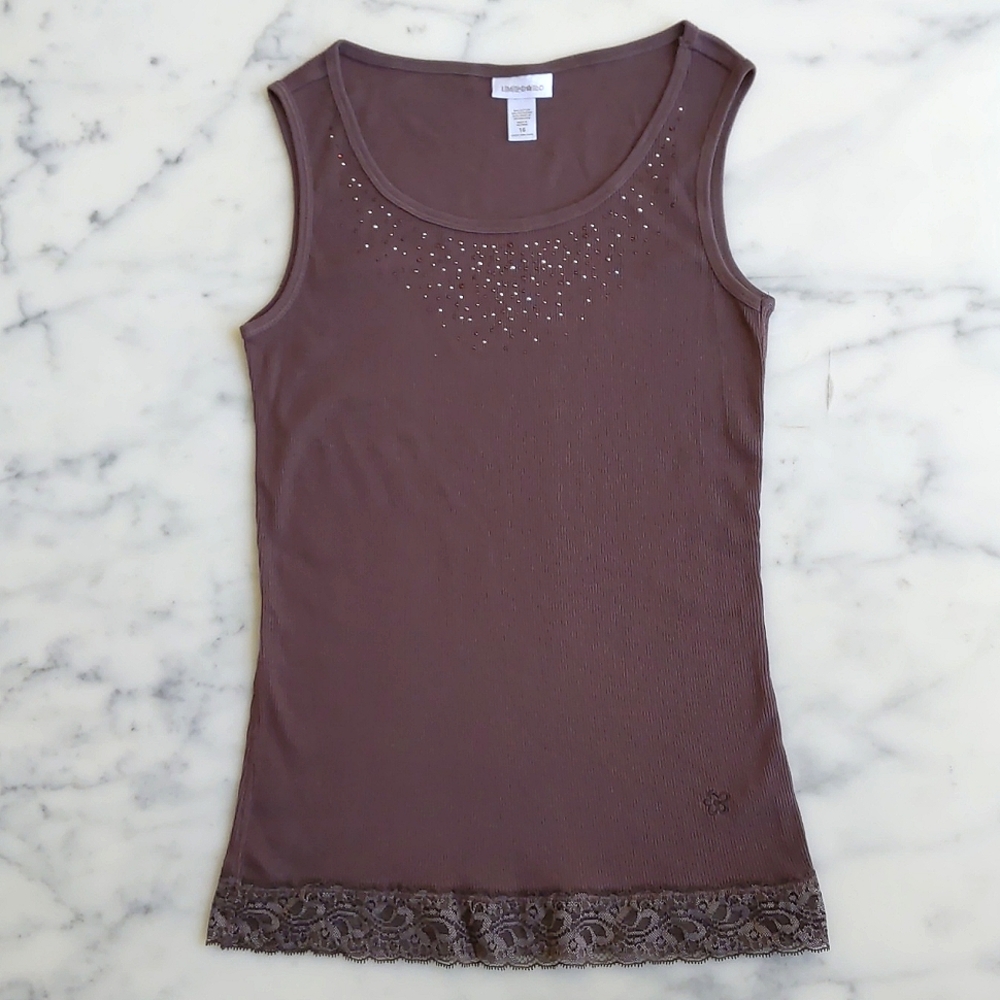 NWOT. Limited Too Cotton Blended Brown Tank Top w/crystals, lace and embroidery.